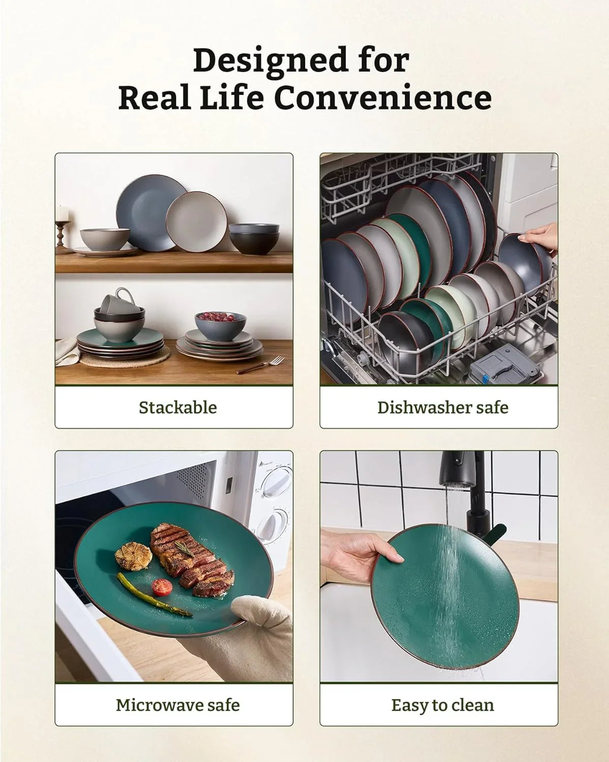 Venus 12-Piece Plates and Bowls Sets with Trim for 4, Stoneware Dinnerware Set, Modern Minimalist Dishes for Everyday & Formal Use, Chip Resistant, Microwave/Dishwasher Safe, Matte Dark Green