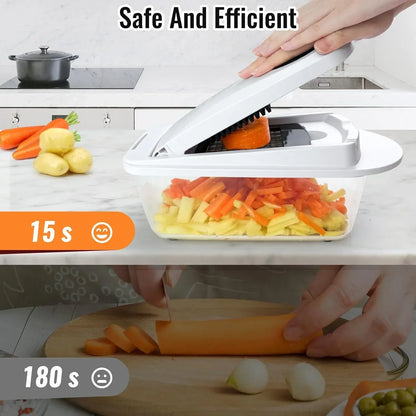 Safe and efficient vegetable chopper slicing carrots and potatoes in 15 seconds vs manual cutting