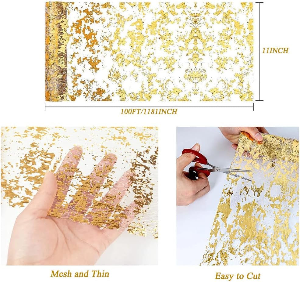 Gold Table Runner 11 Inch X 100 Feet Inches, Glitter Metallic Mesh Gold Runner Roll Table Decorations for Wedding, Baby Shower, Birthday, Christmas