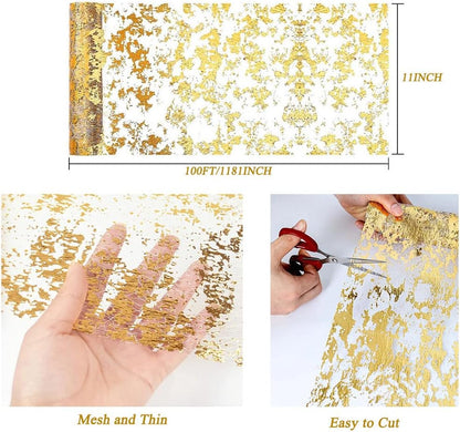 Gold Table Runner 11 Inch X 100 Feet Inches, Glitter Metallic Mesh Gold Runner Roll Table Decorations for Wedding, Baby Shower, Birthday, Christmas