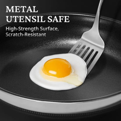 Nonstick Frying Pans with Lids, 8", 10", 12" Titanium Ceramic Tri-Ply Stainless Steel Skillet Set, Non-Toxic, PFAS/PFOA/PTFE Free, Dishwasher & Oven Safe, Induction Compatible
