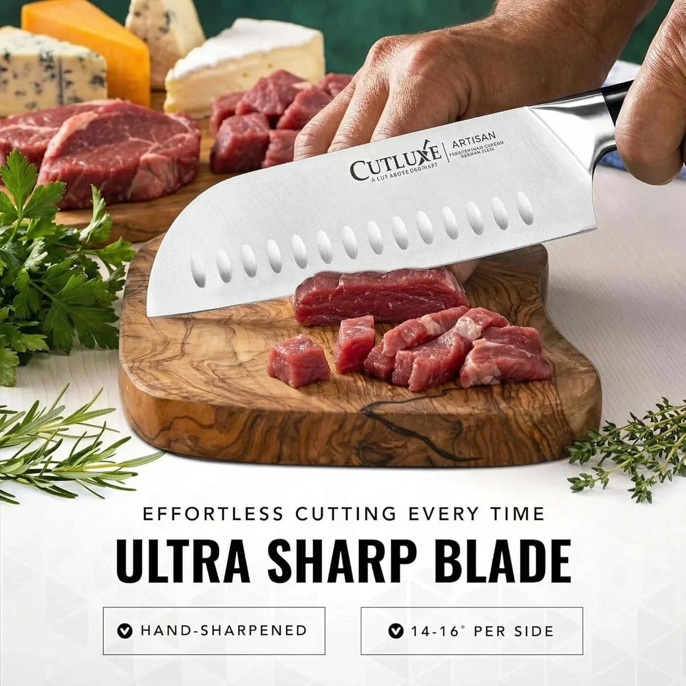 Santoku Knife – 7" Chopping Knife, Meat and Vegetable Knife – Forged High Carbon German Steel – Sheath Included – Full Tang & Razor Sharp – Ergonomic Handle Design – Artisan Series
