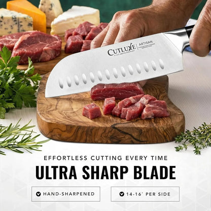 Santoku Knife – 7" Chopping Knife, Meat and Vegetable Knife – Forged High Carbon German Steel – Sheath Included – Full Tang & Razor Sharp – Ergonomic Handle Design – Artisan Series