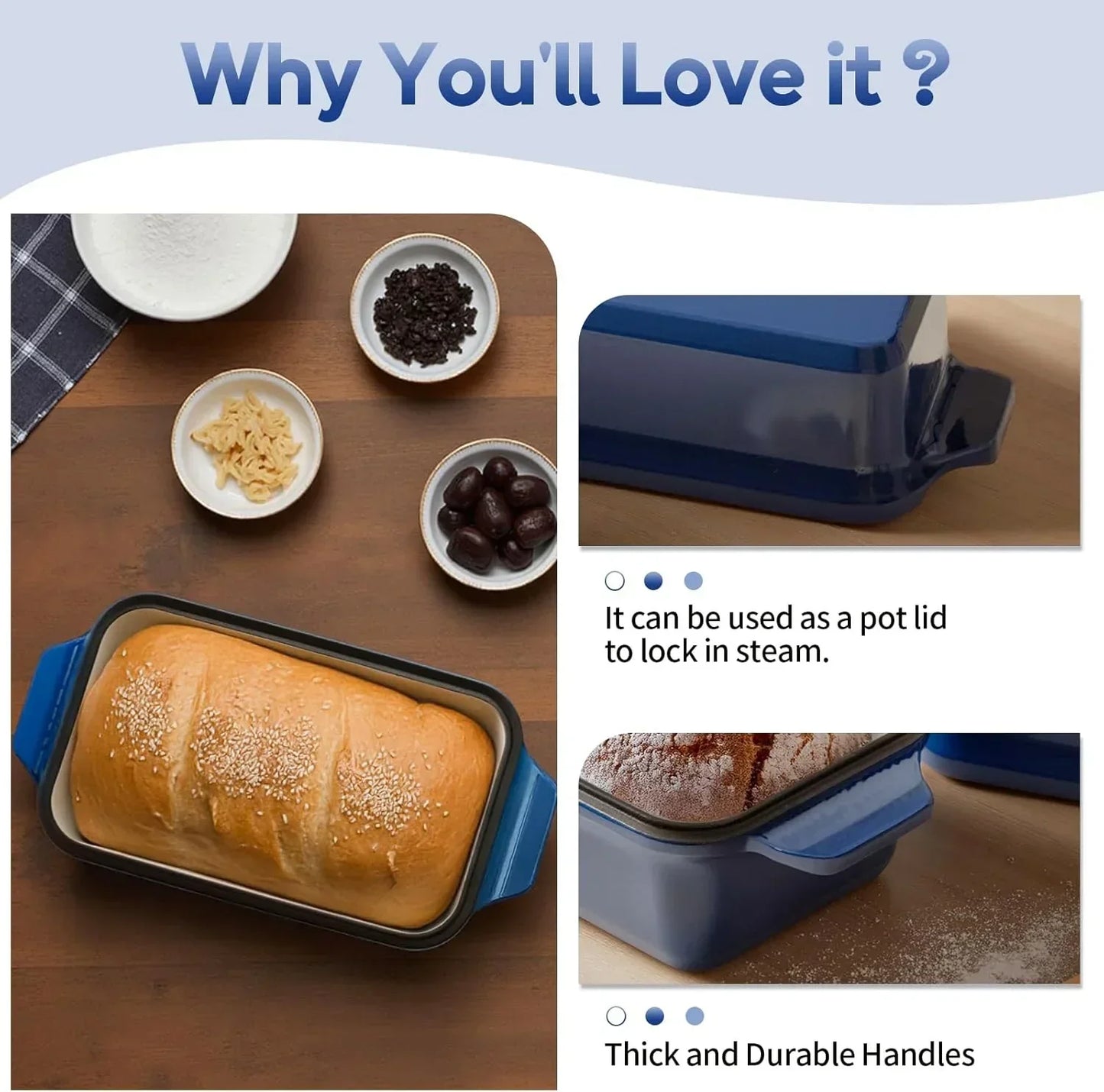 Blue ceramic bread baking pan with loaf, durable handles, and steam-lock lid for home baking