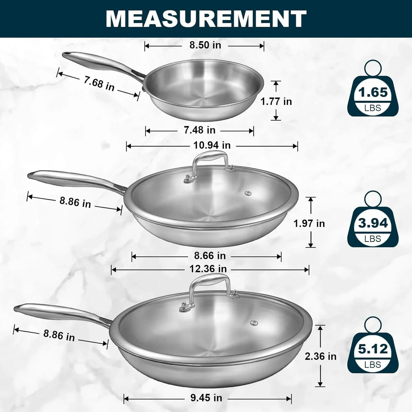 Tri-Ply Stainless Steel Frying Pans Set with Lid,  8”/10”/12” Cooking Pans, PFOA&PTFE Free Skillet, Induction Cooking Pan, Dishwasher and Oven Safe, Fast & Even Heat, Suitable for All Stove