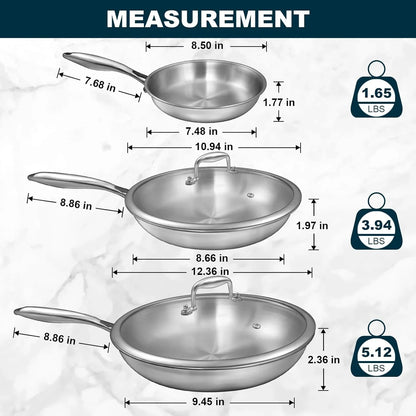 Tri-Ply Stainless Steel Frying Pans Set with Lid,  8”/10”/12” Cooking Pans, PFOA&PTFE Free Skillet, Induction Cooking Pan, Dishwasher and Oven Safe, Fast & Even Heat, Suitable for All Stove