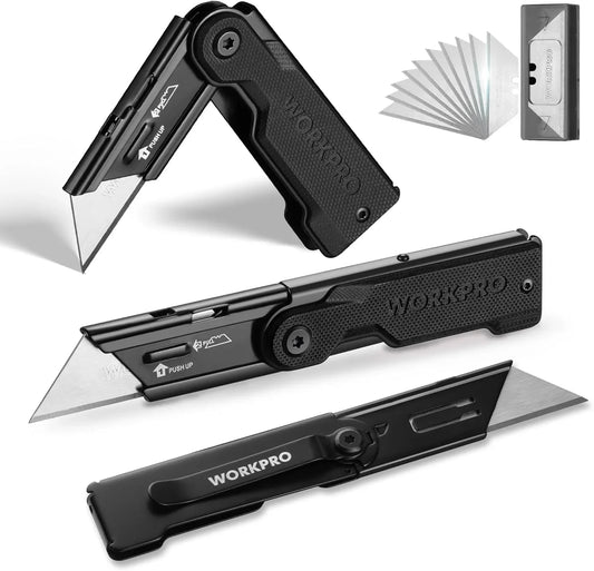 3-Pack Folding Utility Knife Set, G10 Handle Box Cutter with 10 Extra SK5 Blades, Quick-Change Razor Knife with Belt Clip, EDC Utility Knife for DIY, Office, Home, Arts & Crafts – Black