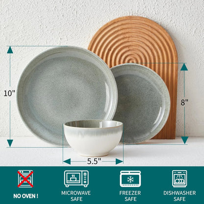 Gradient Green Stoneware Dinnerware Sets, 12 Pcs Reactive Glaze Plates and Bowls Sets, Handmade Ceramic round Dishes Set for 4, Highly Chip and Crack Resistant Modern Plate Set