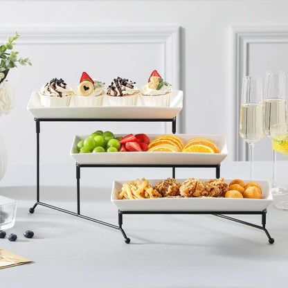 3 Tier Serving Trays for Party, Porcelain Serving Platters and Trays, 12 Inch Tiered Tray Stand, Fruit Tray, Trays for Serving Food, White Dessert Stand with Collapsible Sturdier Metal Rack