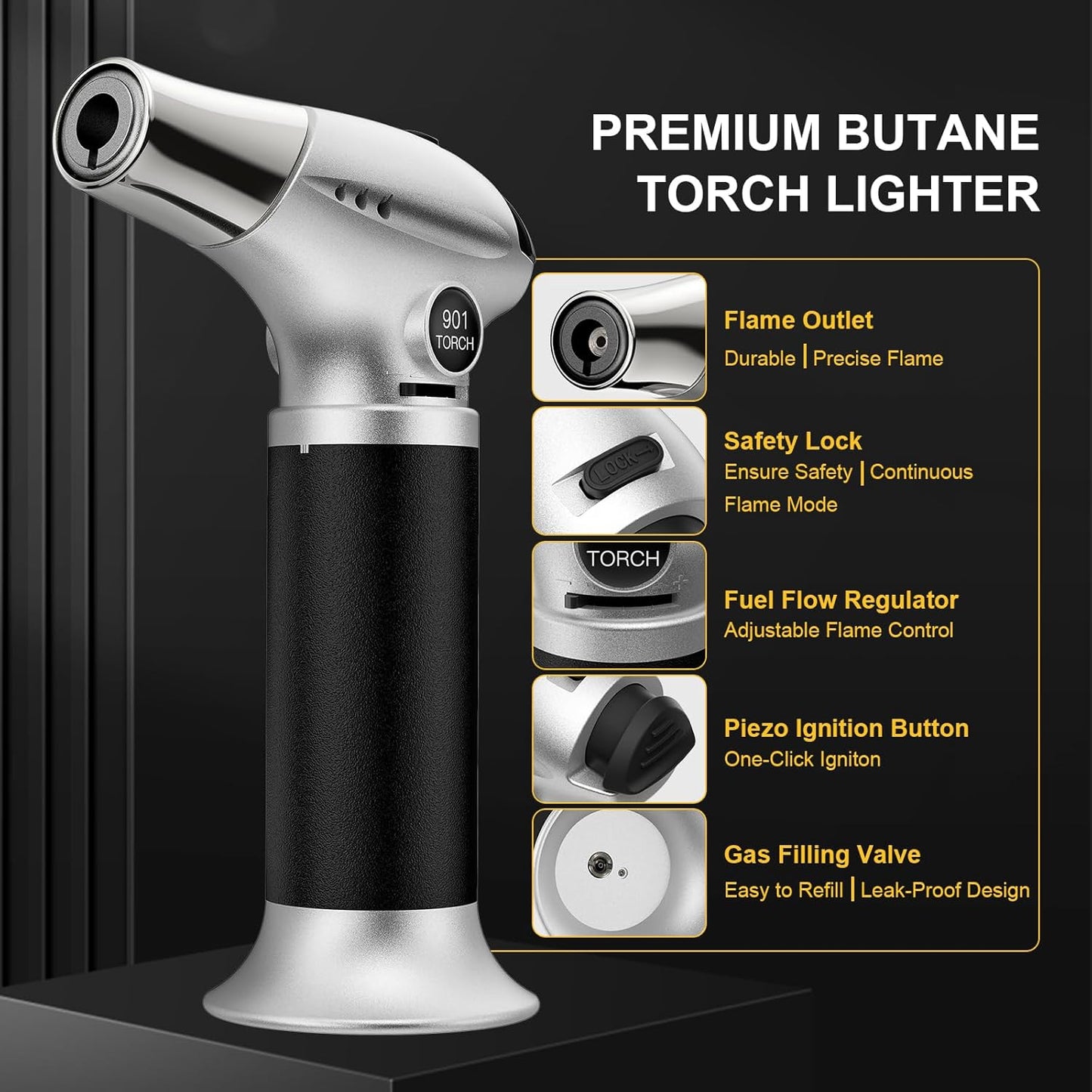 Butane Torch, Kitchen Torch Cooking Torch with Safety Lock & Adjustable Flame for Cooking, BBQ, Baking, Brulee, Creme, DIY Soldering(Butane Not Included)