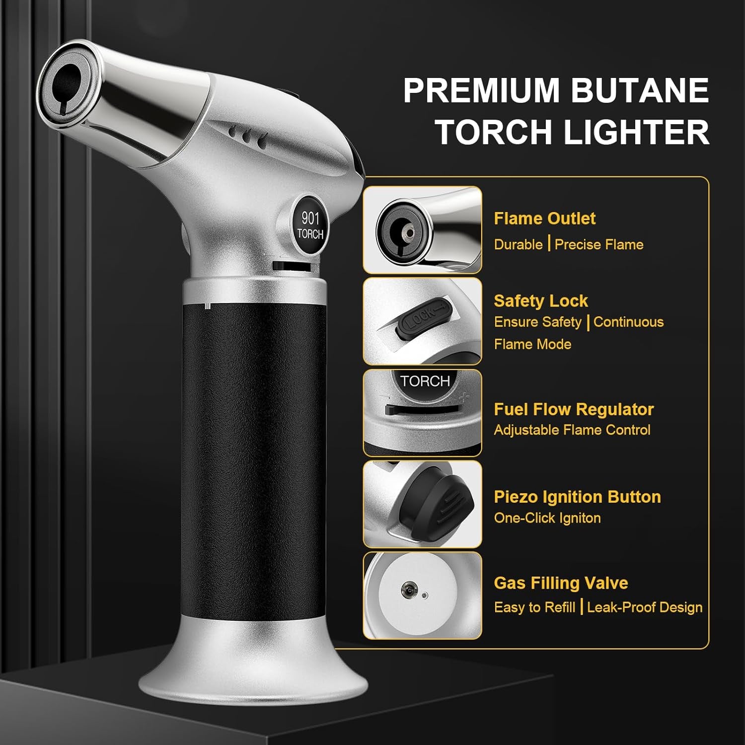 Butane Torch, Kitchen Torch Cooking Torch with Safety Lock & Adjustable Flame for Cooking, BBQ, Baking, Brulee, Creme, DIY Soldering(Butane Not Included)