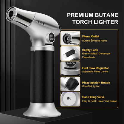 Butane Torch, Kitchen Torch Cooking Torch with Safety Lock & Adjustable Flame for Cooking, BBQ, Baking, Brulee, Creme, DIY Soldering(Butane Not Included)