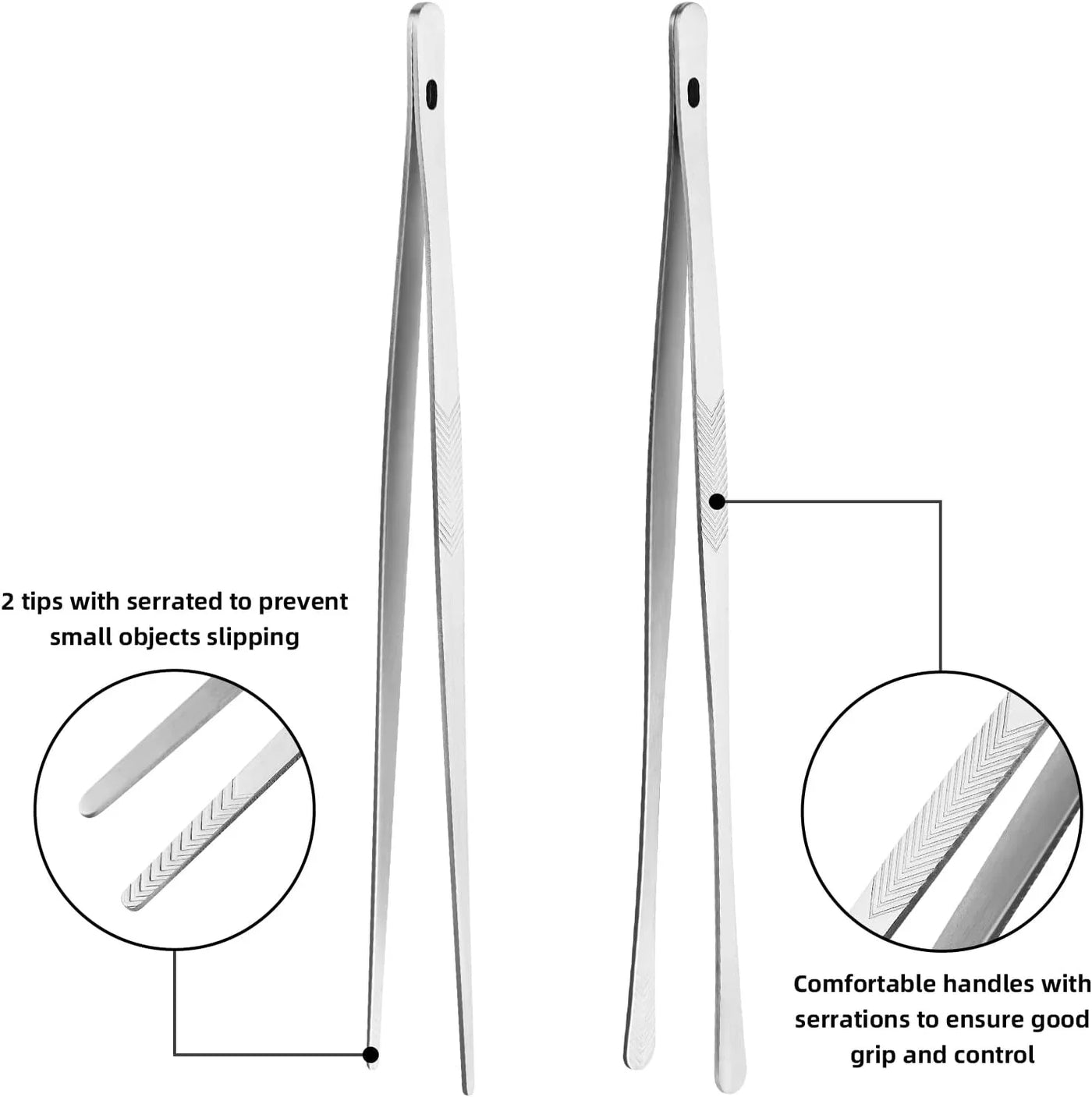 Kitchen Cooking Tongs Tweezers - 2PCS 12" Stainless Steel Kitchen Utensils, Metal Fine Tweezers Tongs with Precision Serrated Tips for Chef, Serving Food, Grill, Culinary, Pasta, Salad, BBQ