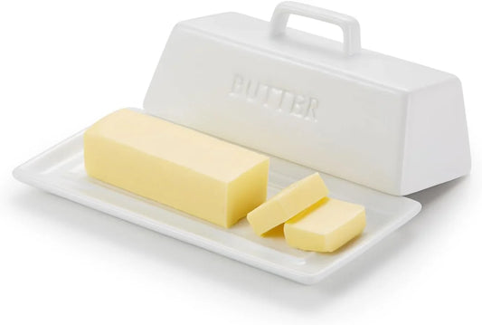 Butter Dish with Lid for Countertop, by , Ceramic Dish Tray with Cover, Kitchen Keeper, Container, Holder (White)