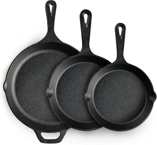 Cast Iron Skillet 3-Piece Set, Heavy-Duty Professional Restaurant Chef Quality Pre-Seasoned Pan Cookware Set, 6", 8", 10" Pans for Frying, Saute, Cooking, Use Indoor/Outdoor, Oven, Grill
