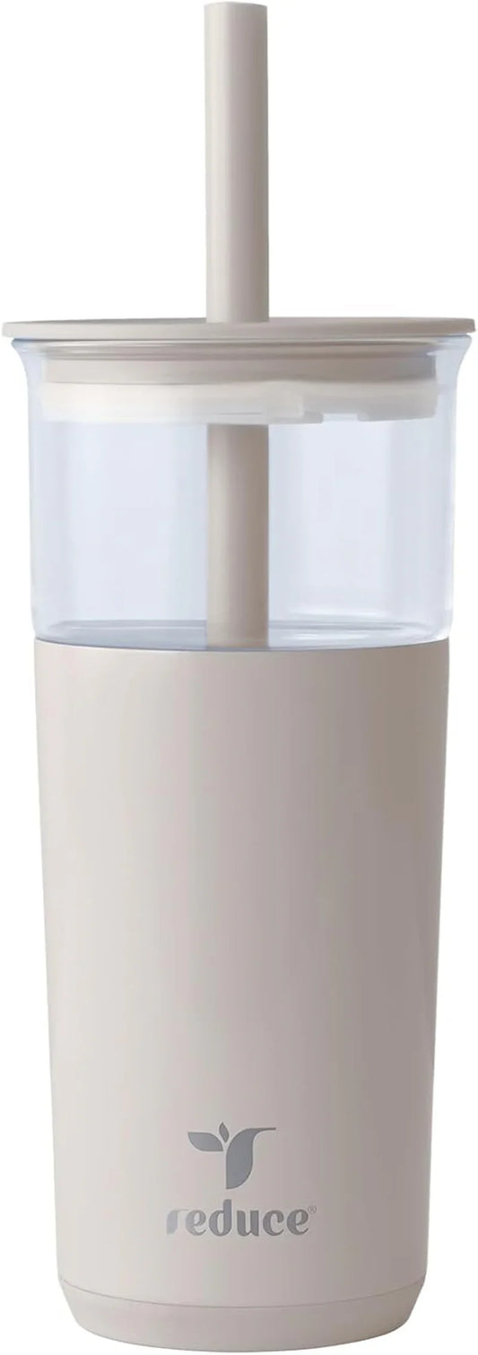 Aspen 20 Oz Vacuum Insulated Glass Tumbler with Lid & Extra Wide Straw - Keeps Drinks Cold for 12 Hrs - Ideal for Iced Coffee, Smoothies & Boba - Dishwasher Safe, Soft Base - Sand