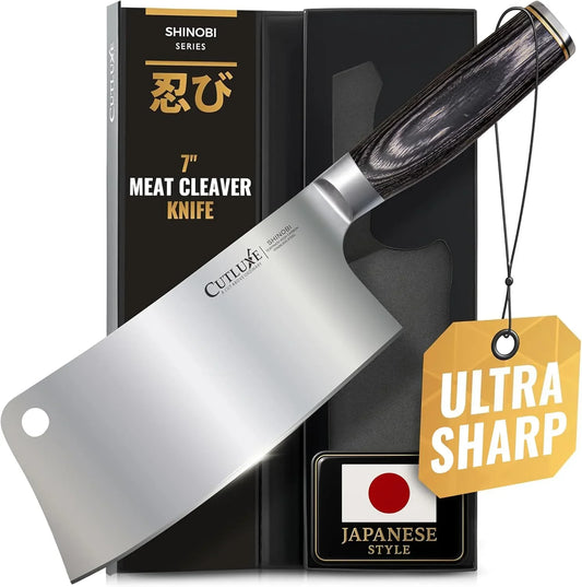 Meat Cleaver Knife – Ultra Sharp 7" Meat Cleaver, Butcher Knife, High Carbon Stainless Steel Blade, Full Tang Pakkawood Handle – Shinobi Series