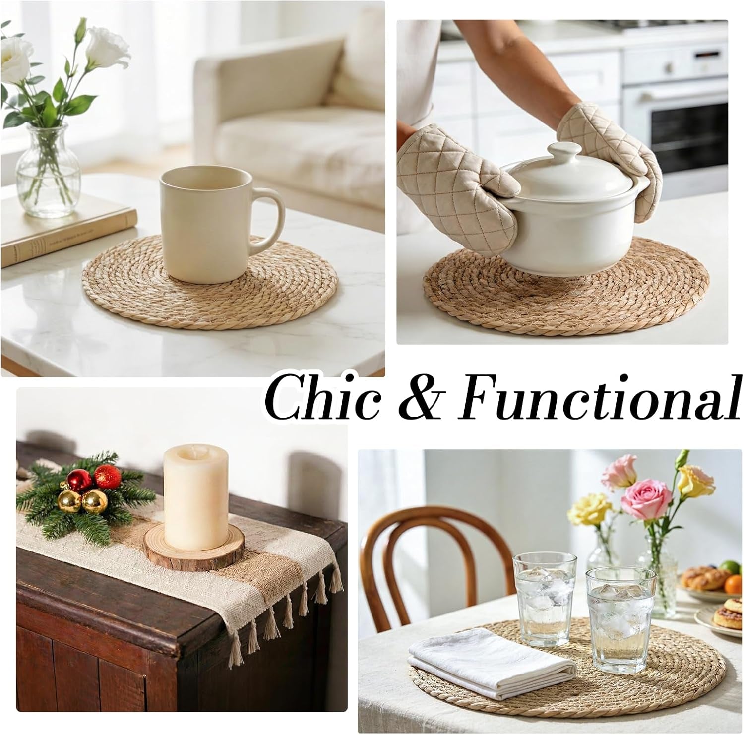 Placemats Set of 8 - Rattan round Place Mats & 11.8” X 17” Cotton Braided Placemat for Dining Table Setting, Rustic Farmhouse Boho Wedding Decor, Wicker Woven Charger Dinner Plates, 16Pcs