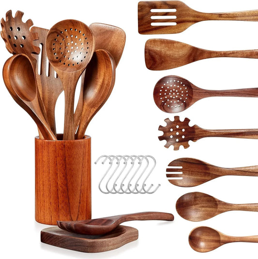 Wooden Spoons for Cooking - 10 Piece Natural Teak Wood Kitchen Utensil Set, Wooden Spoons Set with Holder, Spoon Rest & Hooks, Wooden Spatula Set with 7 Metal Hooks