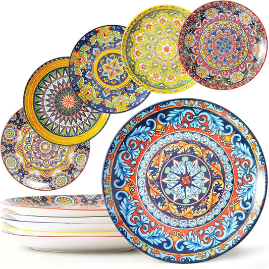 6Pc Bohemian Ceramic Plate - 10 Inch Vintage Floral Design Microwave Dishwasher Safe for Home Kitchen Decor