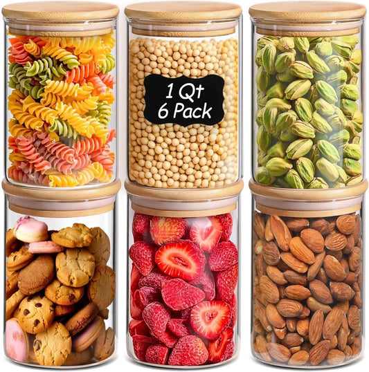 1 Qt Glass Storage Containers with Lids, Glass Jars with Lids, Clear Food Storage Jar, round Canister Set of 6, Pantry Organizers for Cookie Pasta Flour Rice Tea Coffee Bean