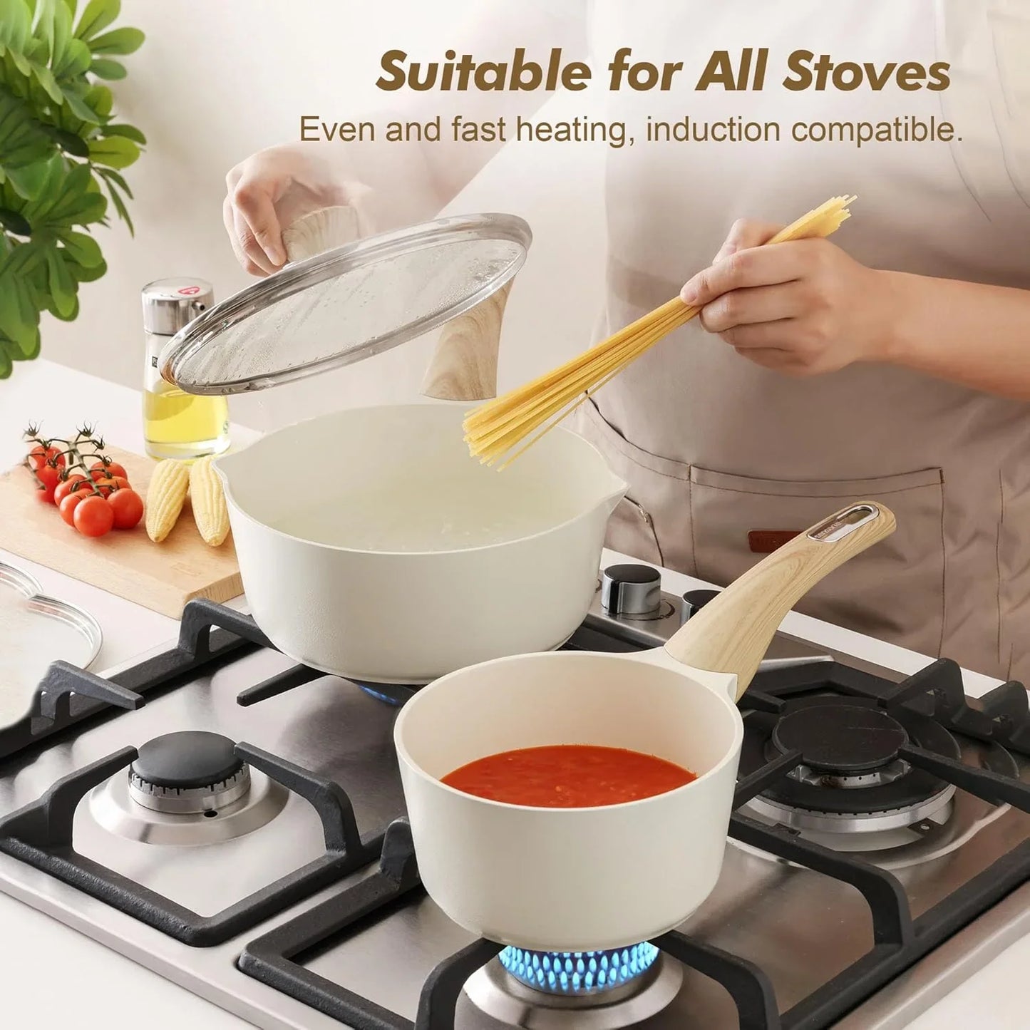 Ceramic Nonstick Sauce Pan with Lid, 1.5 Quart Small Saucepan, White Cooking Pot with Stay Cool Handle, Non Toxic Kitchen Sauce Pot, Non Stick Saucier Pan, Induction Pot, PFOA PTFE PFAS Free