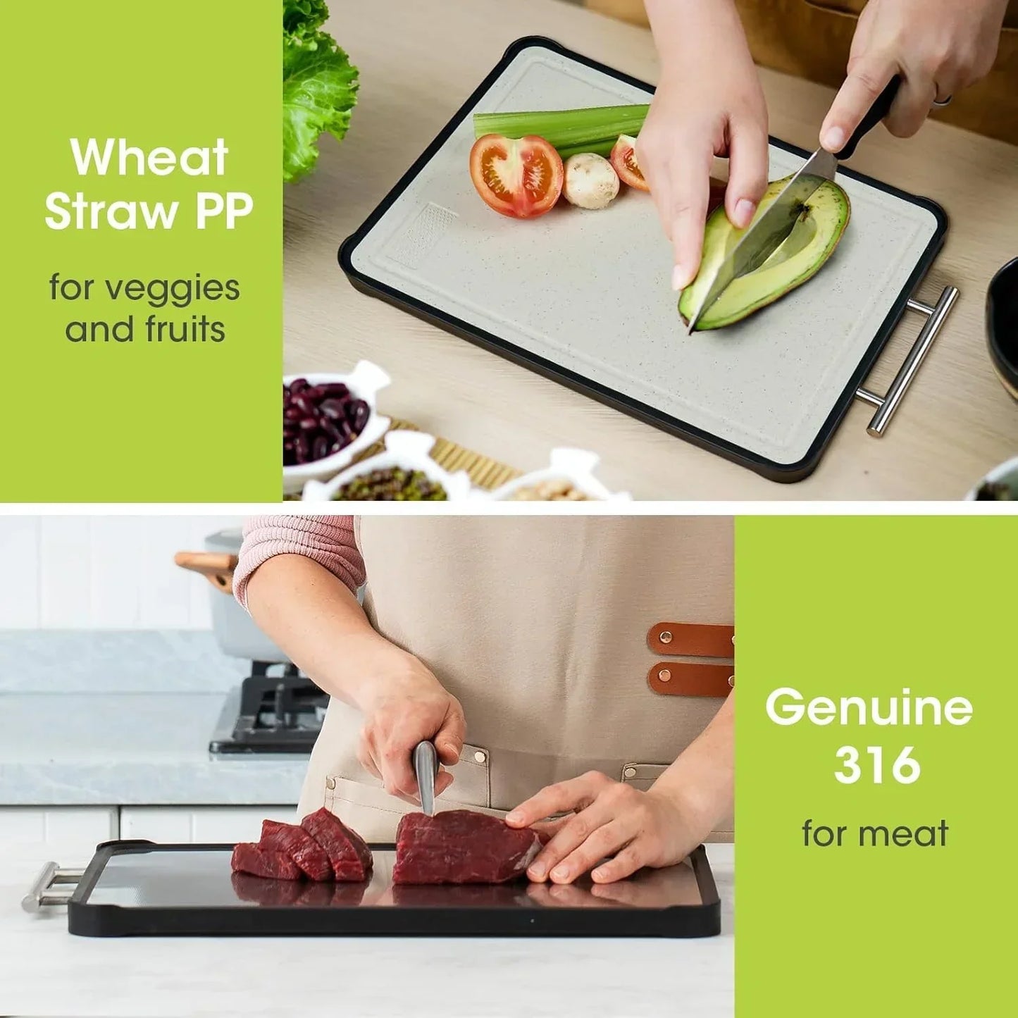 Wheat straw PP cutting board for veggies and fruits, genuine 316 stainless steel for meat prep