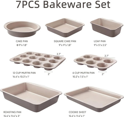 7-Piece Nonstick Stackable Baking Pans Set - Bakeware Sets Including Cookie Sheets for Baking, Muffin Pan, Bread Pan, Cake Pan, Loaf Pan, Roasting Pan, Gray & Khaki