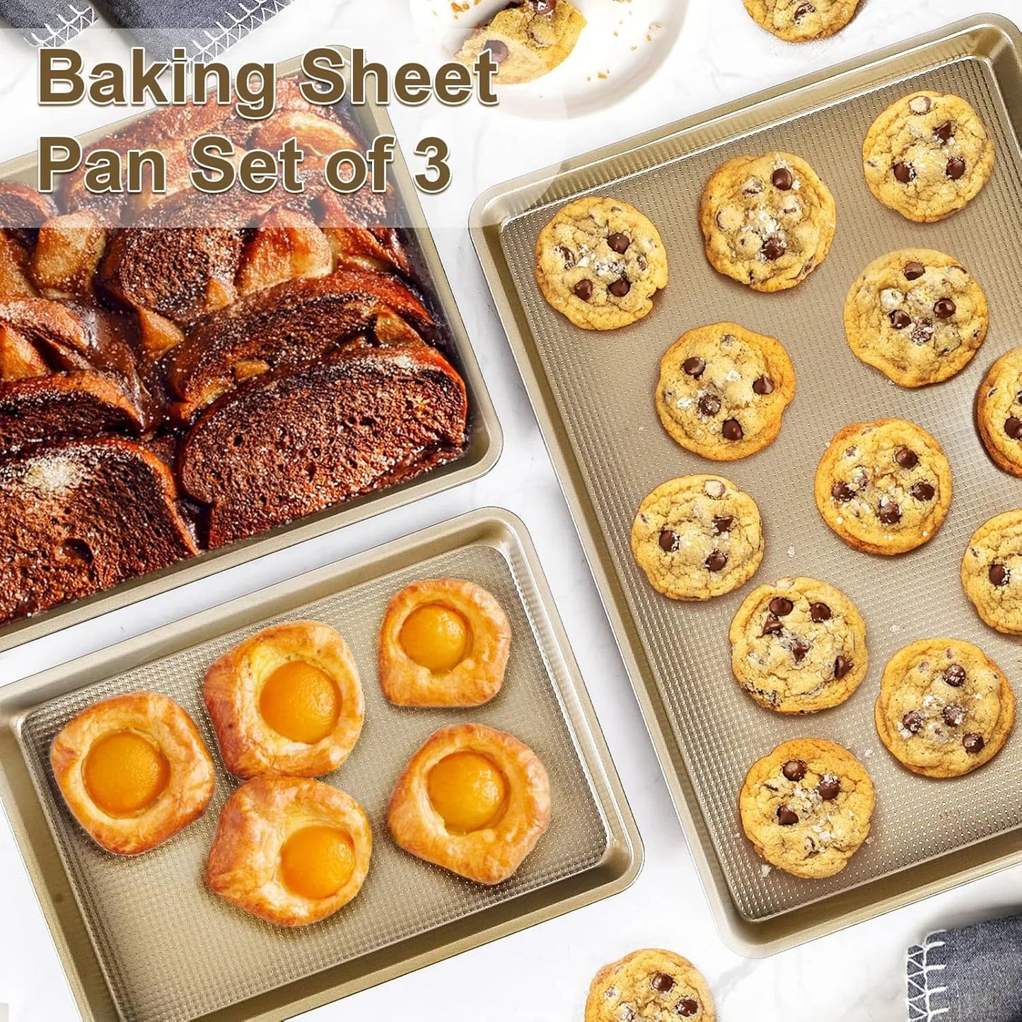 Baking Sheet Pan Set of 3 | Nonstick Cookie Sheets for Baking Supplies | No Rust & No Toxic Carbon Steel Half Sheet Pan+Jelly Roll Pan+Quarter Sheet Pan Set | Heavy Duty Baking Tray for Oven