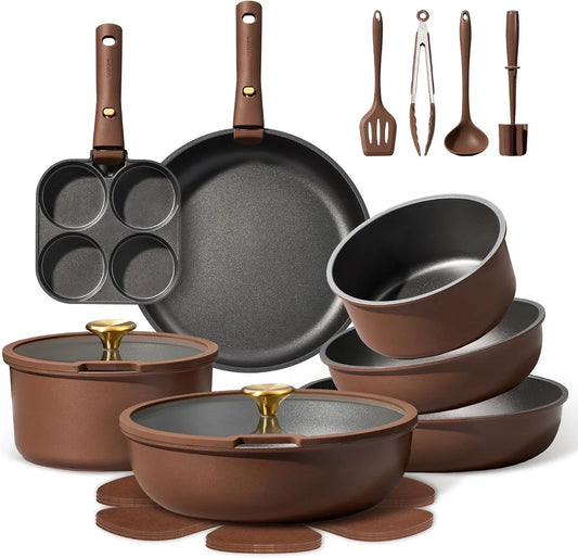 21Pcs Pots and Pans Set, Nonstick Cookware Set Detachable Handle, Induction Kitchen Cookware Sets Non Stick with Removable Handle, RV Cookware Set, Oven Safe, Brown