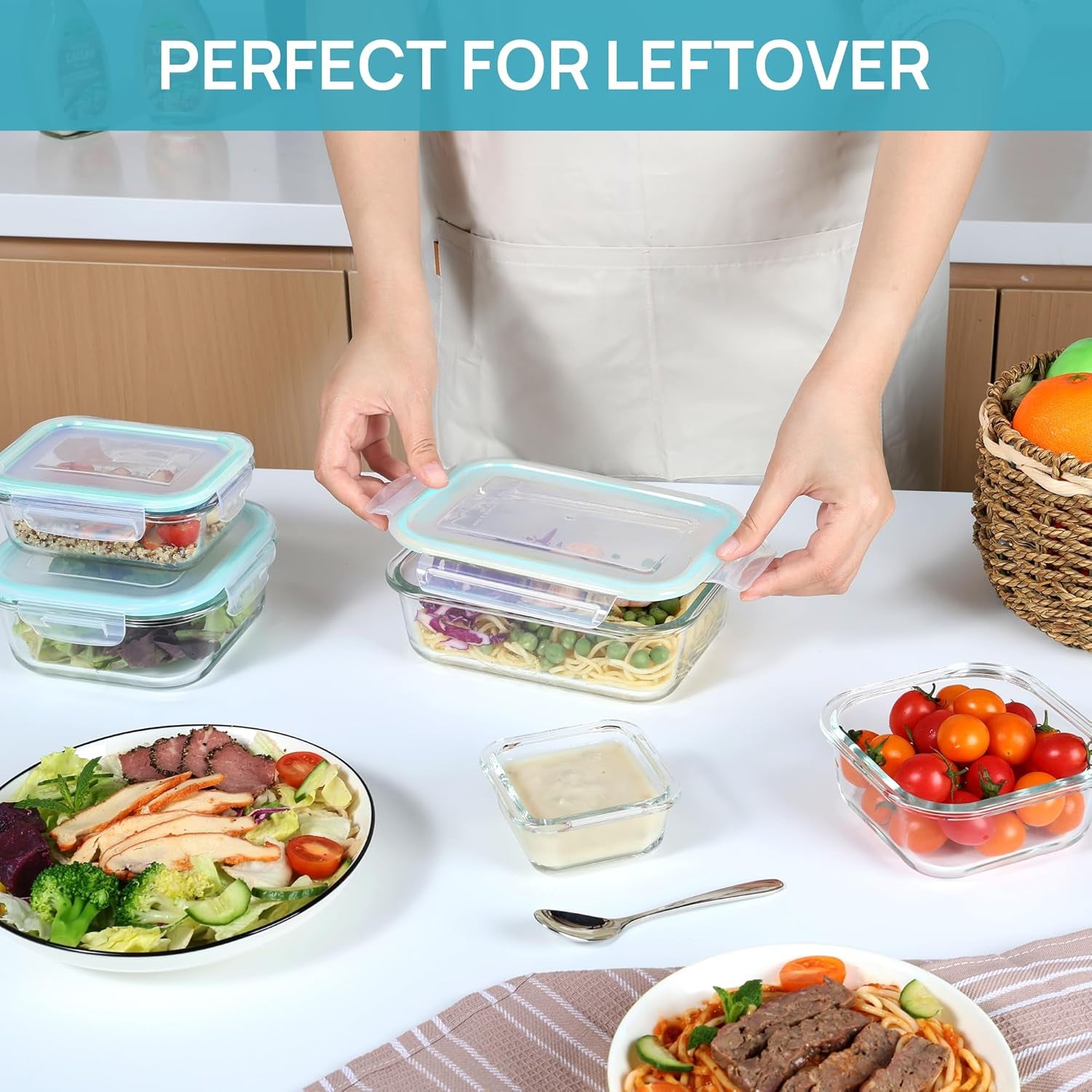 8 Pack Glass Food Storage Containers with Airtight Lids, Glass Meal Prep Containers, Lunch Office Meal for Microwave, Oven, Freezer and Dishwasher, BPA Free