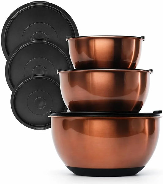 Copper Mixing Bowls Set with Lids - Stainless Steel Interior, Non-Slip Black Silicone Base - Nesting Mixing Bowls for Baking, Cooking & Meal Prep (3-Piece Set)