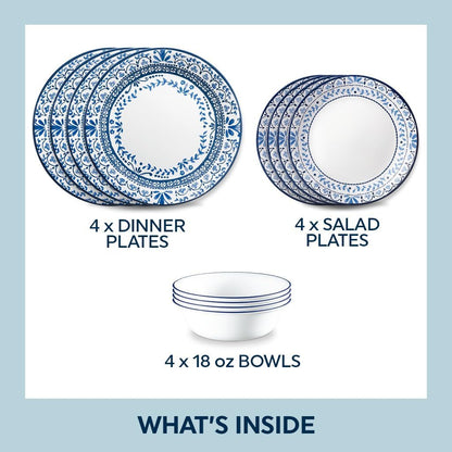Vitrelle Glass Dinnerware Set, Chip & Crack Resistant Triple Layer Glass, 12-PC Dinnerware Set, Portofino