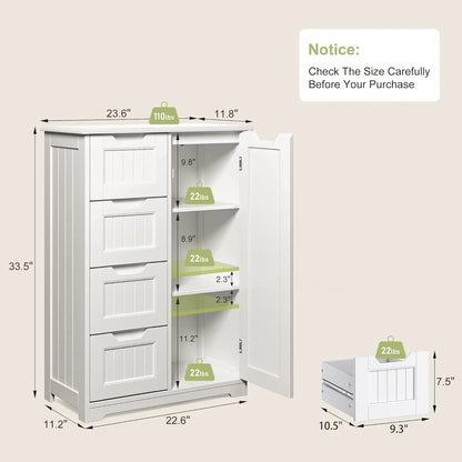 Small Pantry with Door and Shelves, 33'' Kitchen Pantry Storage Cabinet Freestanding Wooden Bathroom Storage Cabinet with 4 Drawers for Kitchen and Dining Room, White