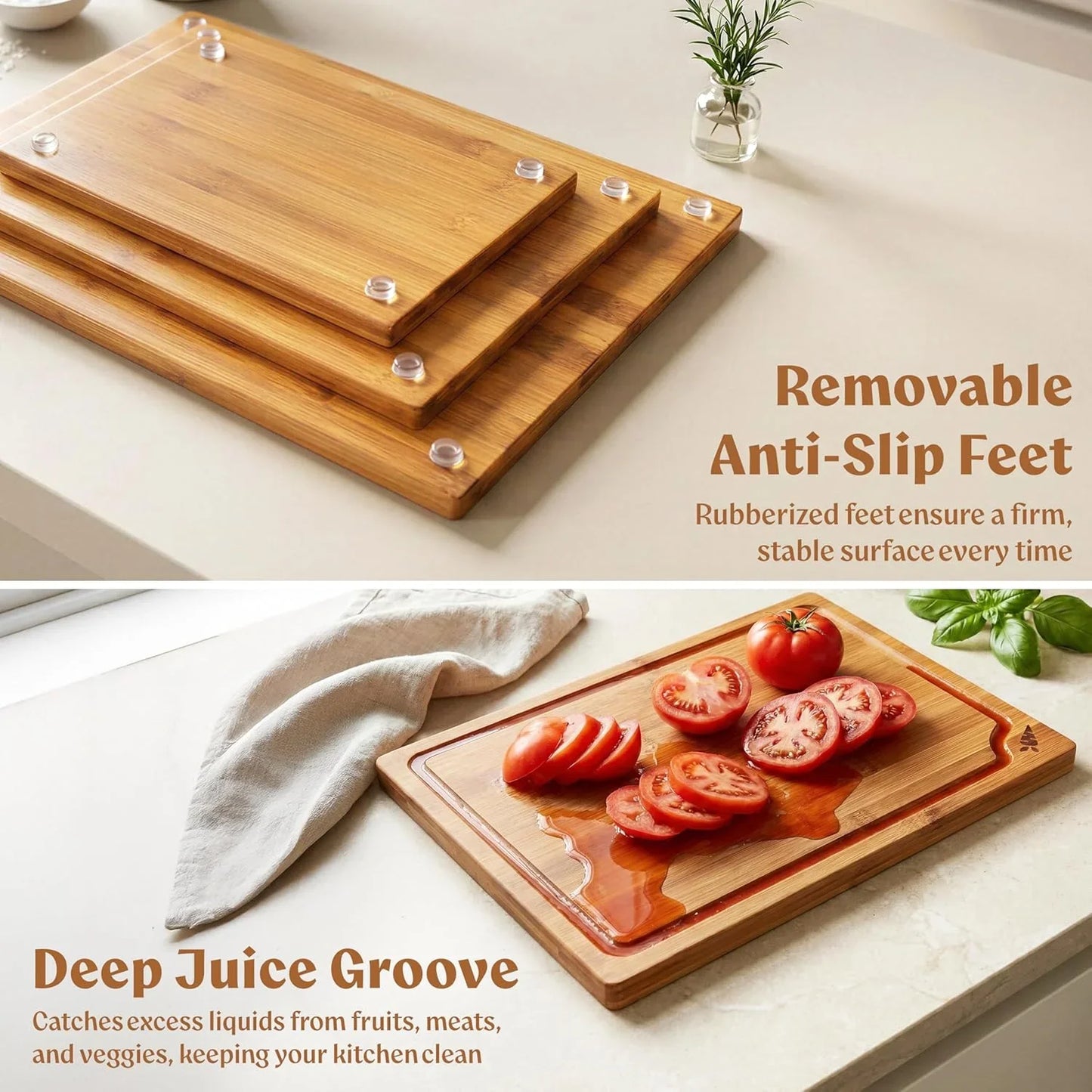 Carbonized Bamboo Cutting Boards – Cutting Board Set of 3 Heat Treated for Rich Color & Lower Moisture Absorption, Chopping Boards with Juice Groove, Non-Toxic, FSC Certified Incl. Stand