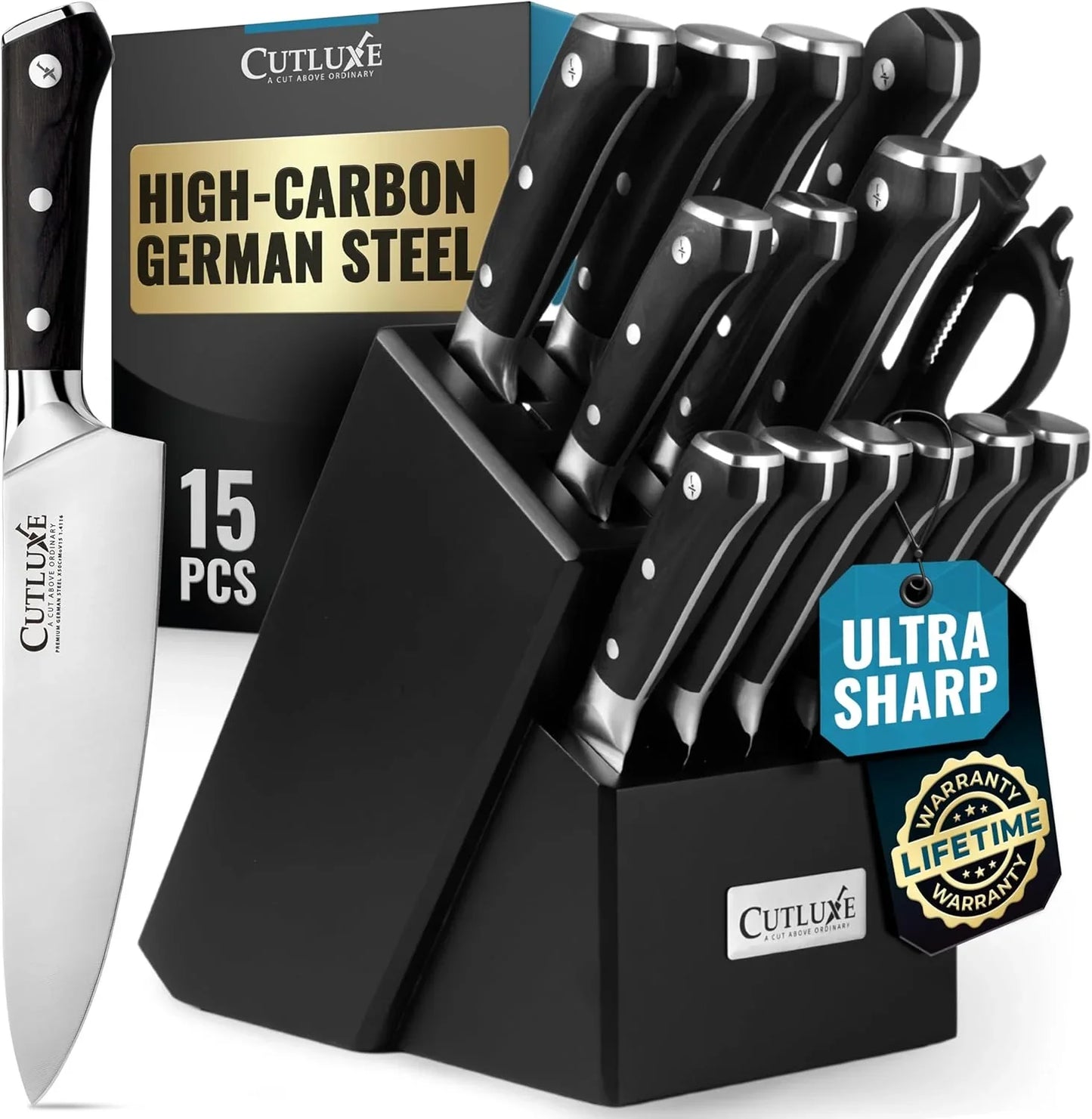 15-Piece Knife Set – Premium Black Wood Block – Knife Set for Kitchen, Ultra Sharp High Carbon German Stainless Steel, Full Tang – Artisan Series