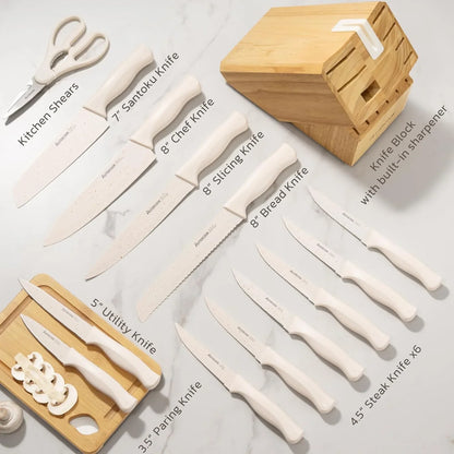 Knife Set, 15 Pieces Kitchen Knife Set with Sharpener Block, German Stainless Steel Knives Set with Anti-Rust Coating, Dishwasher Safe Elegant Cream White Knife Block Sets, Valentine'S Gift