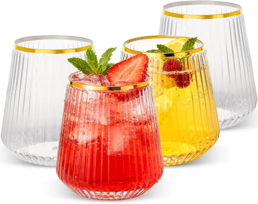 36 Pack 12Oz Stemless Plastic Wine Glasses – Clear Ribbed Cups with Gold Rim, Fancy Reusable Disposable Drinkware for Weddings, Parties, Bars, Indoor and Outdoor Events