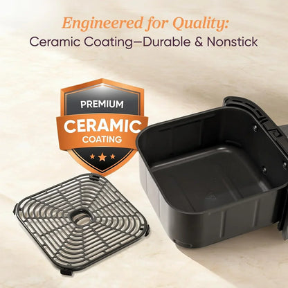 Black air fryer basket with ceramic nonstick coating and premium grilling rack for durable kitchen cooking
