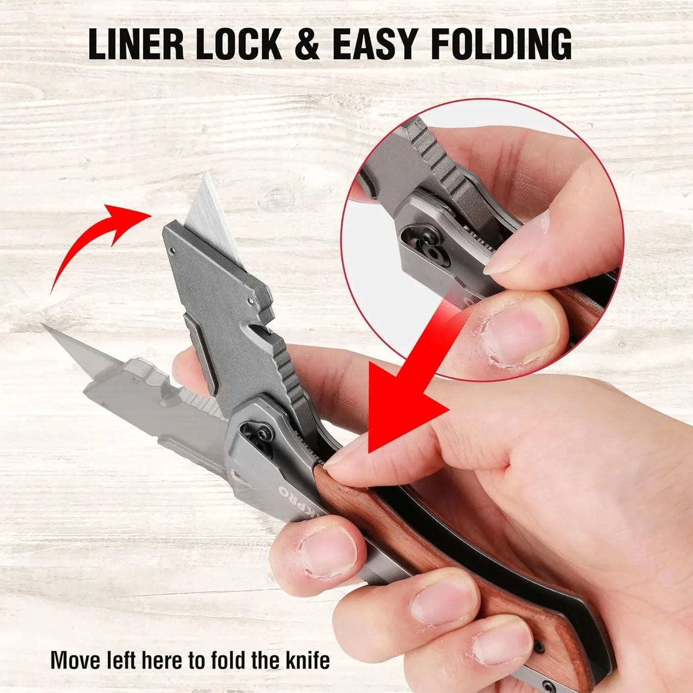 Folding Utility Knife, Quick-Change Box Cutter with Stainless Steel Head & Liner Lock, Wood Handle Razor Knife and Extra 10PC SK5 Blades