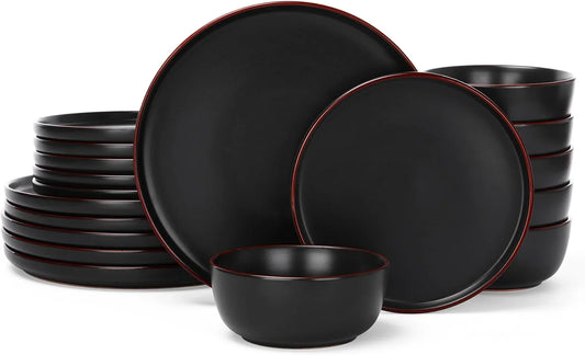 Mercury Plates and Bowls Sets, 18 Pieces Stoneware Dinnerware Sets, Dishes Set for 6, Microwave and Dishwasher Safe, Matte Black