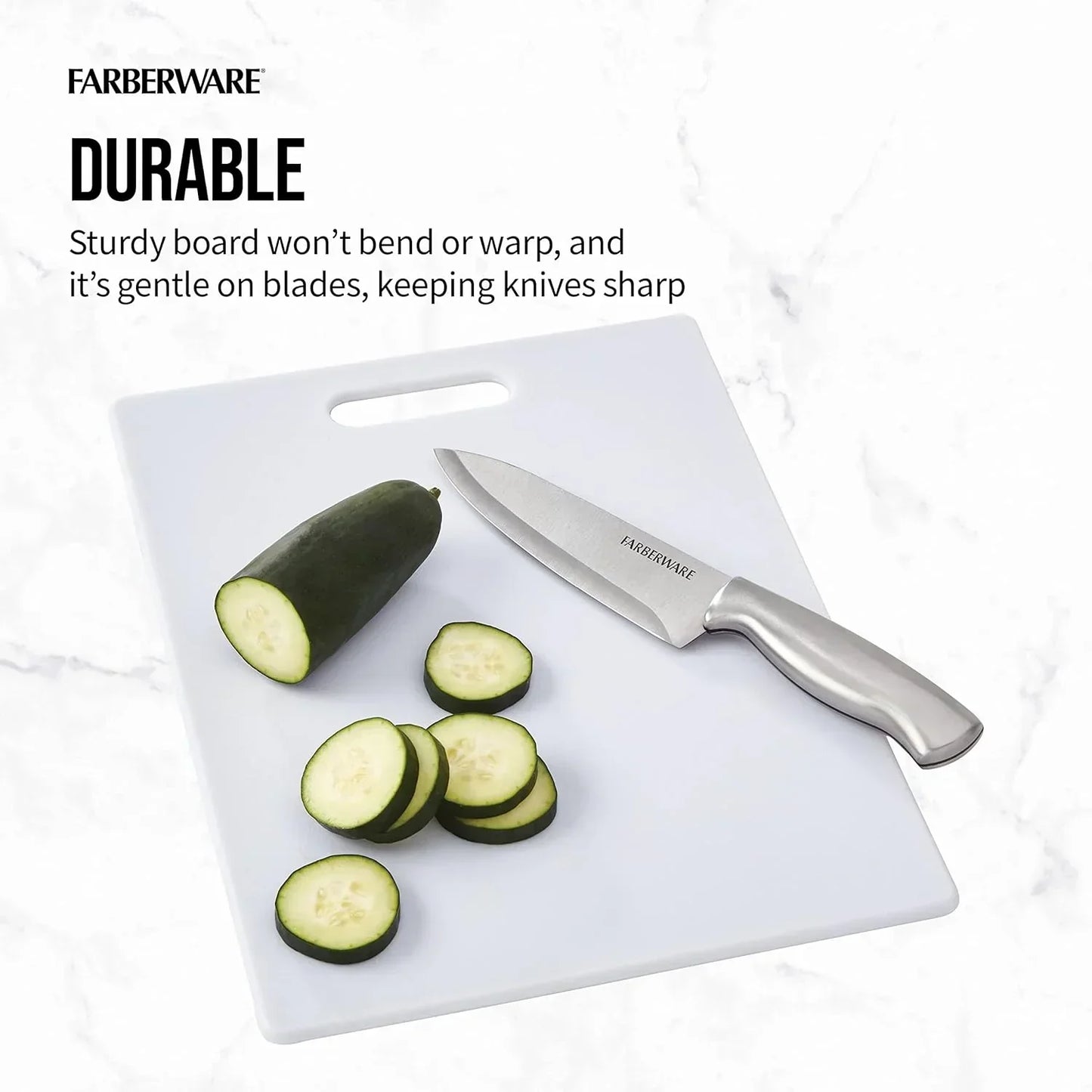 White Farberware cutting board with knife and sliced cucumber, durable kitchen prep tool