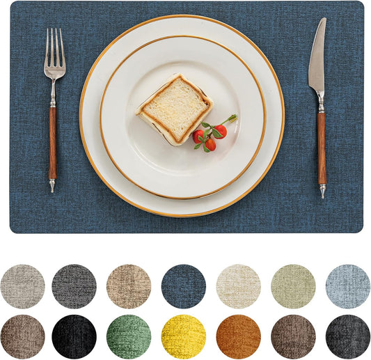 Vinyl Placemats Set of 4-12 X 17 Inch - Faux Leather 100% Waterproof Oil-Proof Wipeable Place Mats, Heat Resistant Reversible PU Table Mats for Kitchen Dining Party Outdoor, Navy Blue