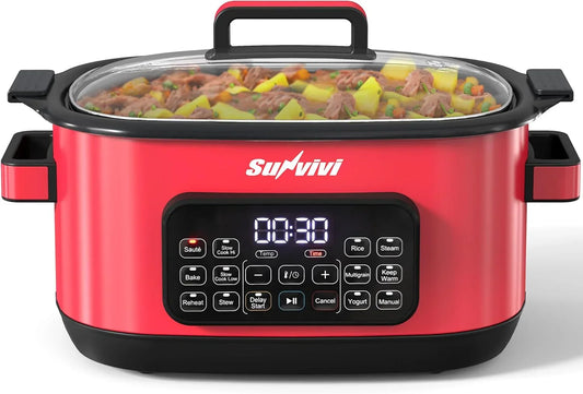 12-In-1 Multi Cooker, 6.5QT Programmable Slow Cooker with Timer & Temp Control, Auto Warm Setting, Delay Start, Dishwasher Safe Lid & Removable Nonstick Crock, Stainless Steel Rack, Red