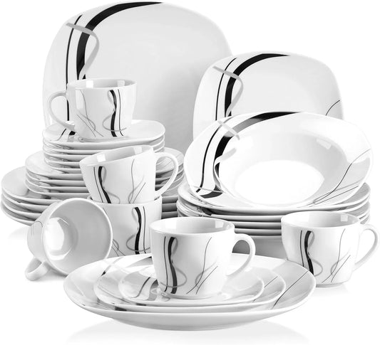 , Series Fiona, 30-Piece Dinnerware Sets for 6, White Dishes Set with Black and Gray Stripes, Porcelain Dinner Set Including Dessert Plates, Soup Plates, Dinner Plates, Cups & Saucers