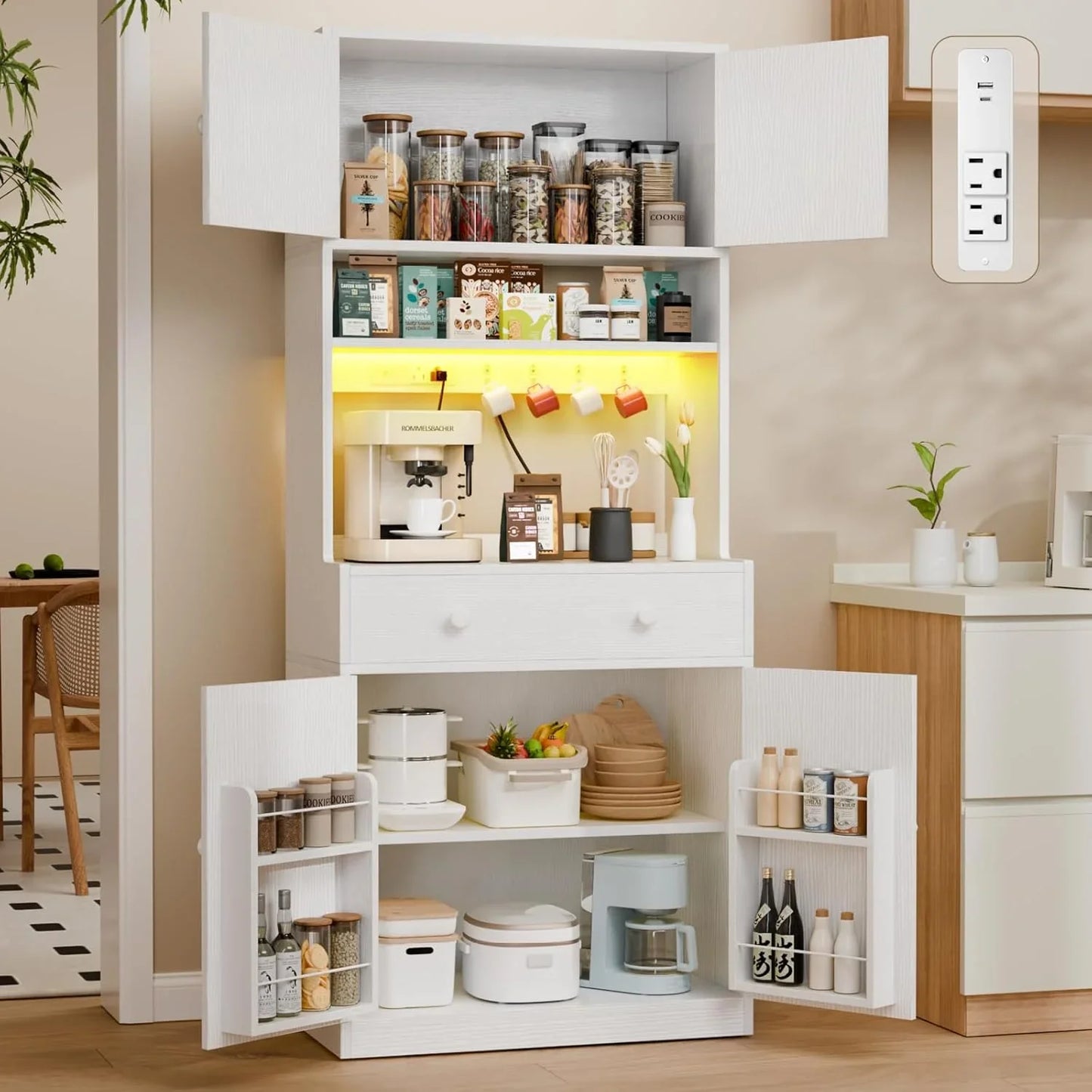 71" Tall Kitchen Pantry Storage Cabinet with Power Outlet & LED Light, Freestanding Food Pantry Cabinet with 4 Doors and Shelves, Cupboard with Drawer, Hutch with Microwave Stand, White