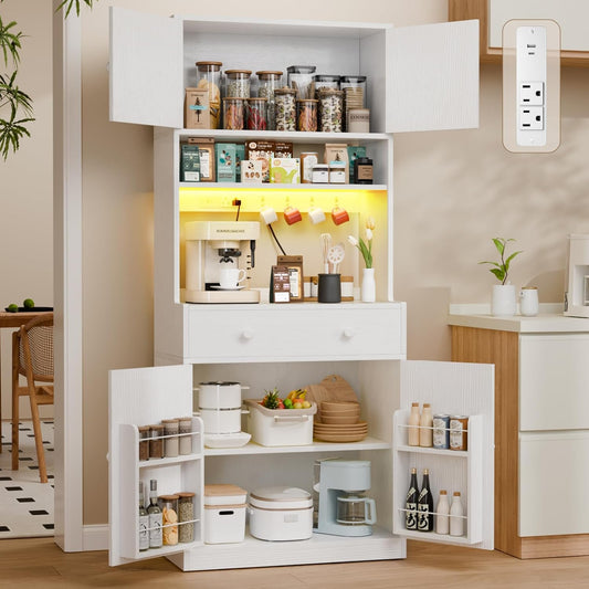 71" Tall Kitchen Pantry Storage Cabinet with Power Outlet & LED Light, Freestanding Food Pantry Cabinet with 4 Doors and Shelves, Cupboard with Drawer, Hutch with Microwave Stand, White