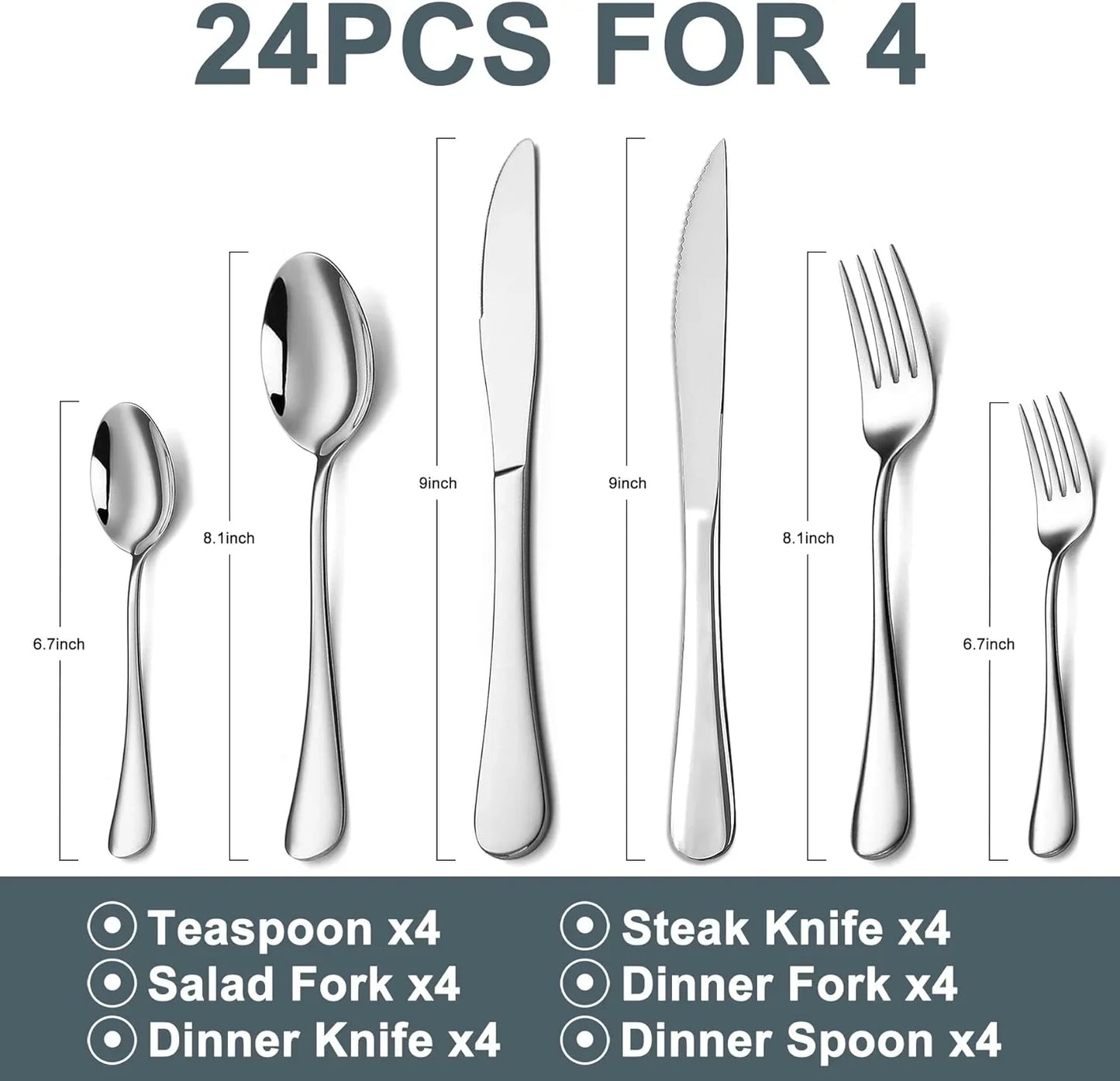 24-Piece Silverware Set with Steak Knives,Flatware Set for 4, Food-Grade Stainless Steel Tableware Cutlery Set, Mirror Finished Utensil Sets for Home Restaurant
