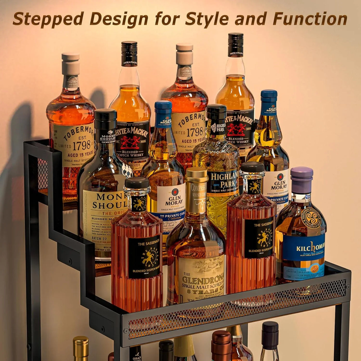 Trapezoidal Liquor Cabinet Bar for Home, Stepped Wine Rack Freestanding Floor, Corner Syrup & Whiskey Stand, Large-Capacity Alcohol Bottle Storage Display Shelf Living Room, Patent Pending