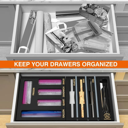 Organized kitchen drawer with labeled compartments for plastic wrap, foil, bags, and utensils
